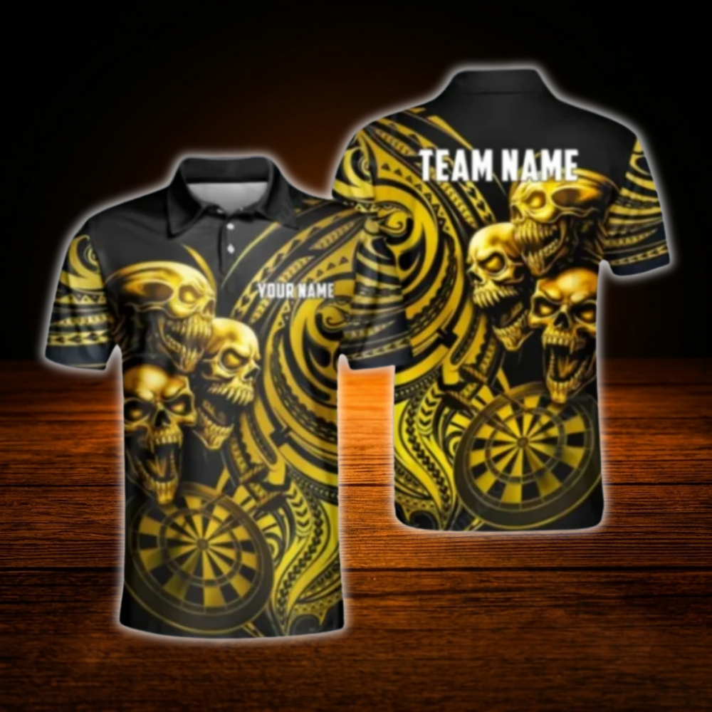 Custom Skull Cyan Black Dart Men Polo Shirt, Custom Skull Darts Team Shirt