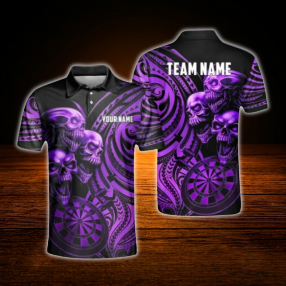 Custom Skull Cyan Black Dart Men Polo Shirt, Custom Skull Darts Team Shirt