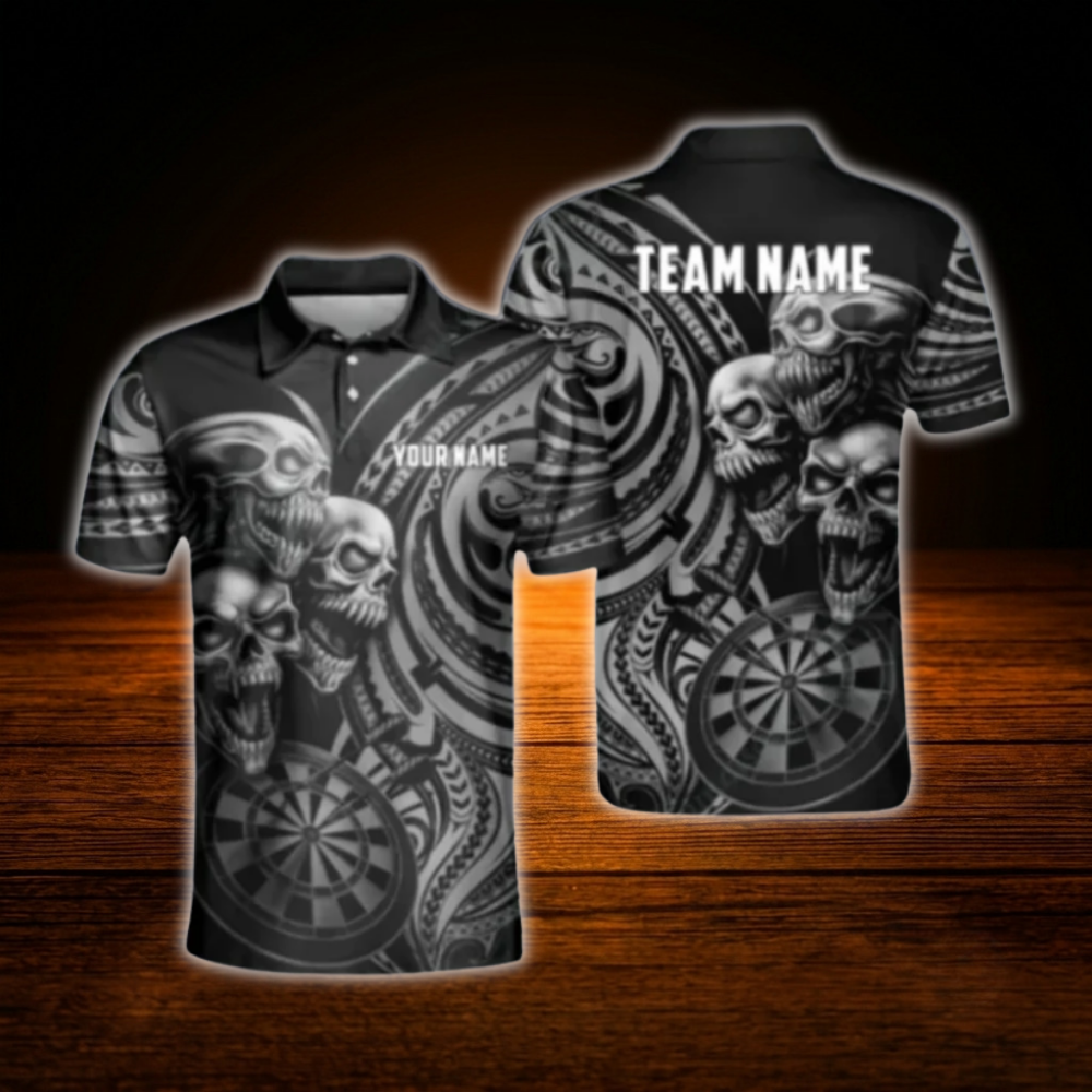 Custom Skull Cyan Black Dart Men Polo Shirt, Custom Skull Darts Team Shirt