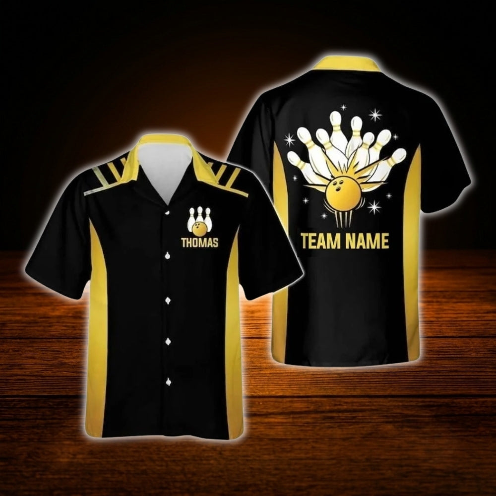 Black And Yellow Custom Team Bowling Hawaiian Shirt, Custom Bowling Team Shirt