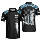 Custom Blue Camo American Flag Billiard Polo Shirts For Men, Custom Camo Billiard Team Shirts BIZ0171