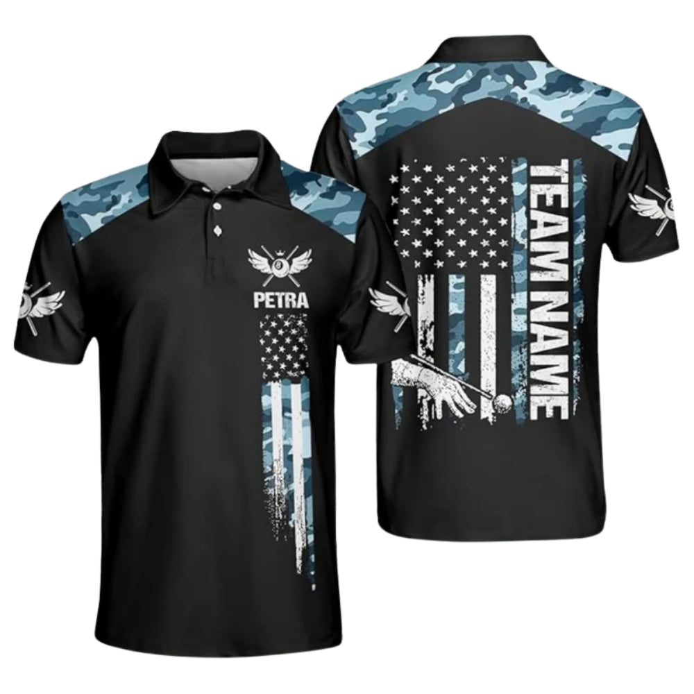 Custom Blue Camo American Flag Billiard Polo Shirts For Men, Custom Camo Billiard Team Shirts BIZ0171