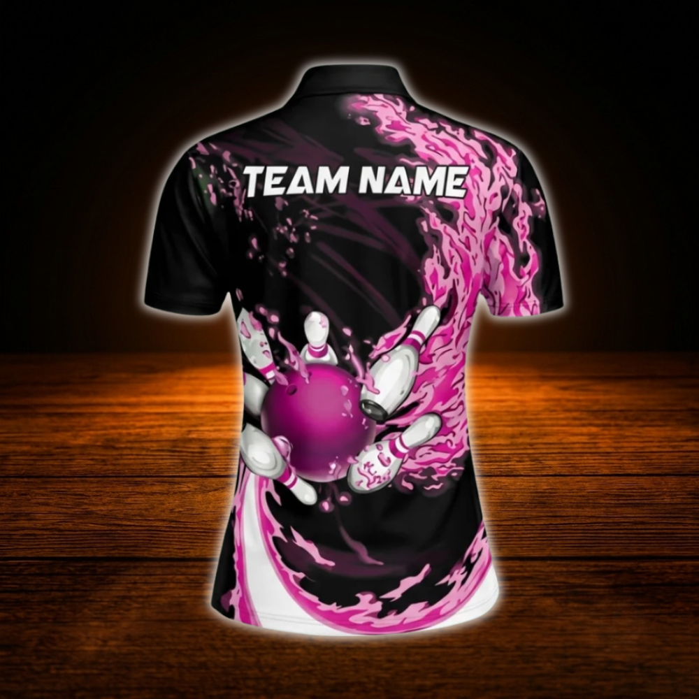 Custom Pink Flame Women Bowling Polo Shirts, Custom Flame Bowling Team Shirts For Women