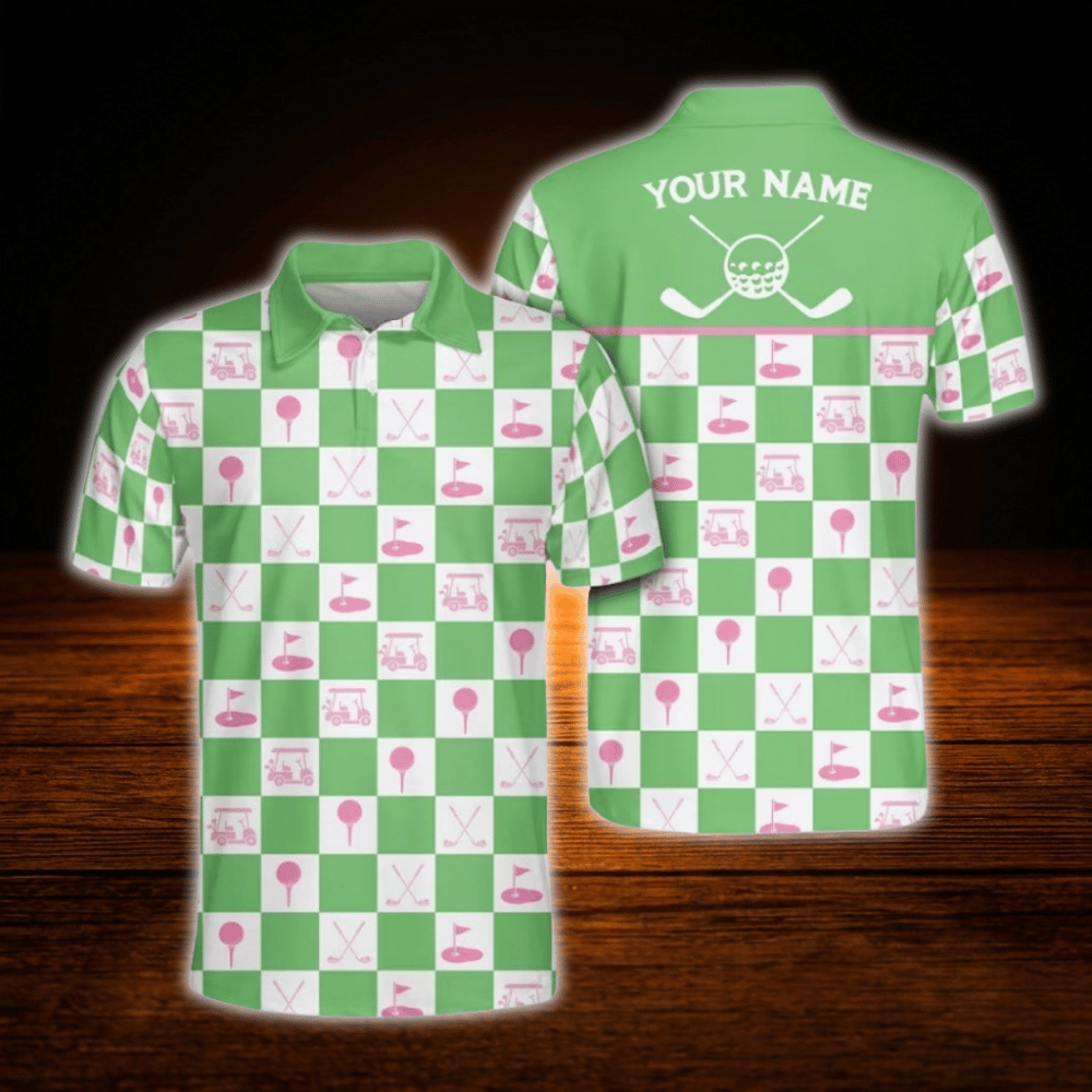 Personalized Golf Pattern Pink And Green Polo Golf Shirts For Men, Custom Golf Shirts