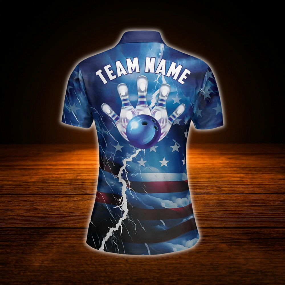 Custom American Flag Thunder Bowling Polo Shirts For Women, Custom Patriotic Bowling Team Shirts For Women