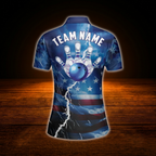Custom American Flag Thunder Bowling Polo Shirts For Women, Custom Patriotic Bowling Team Shirts For Women