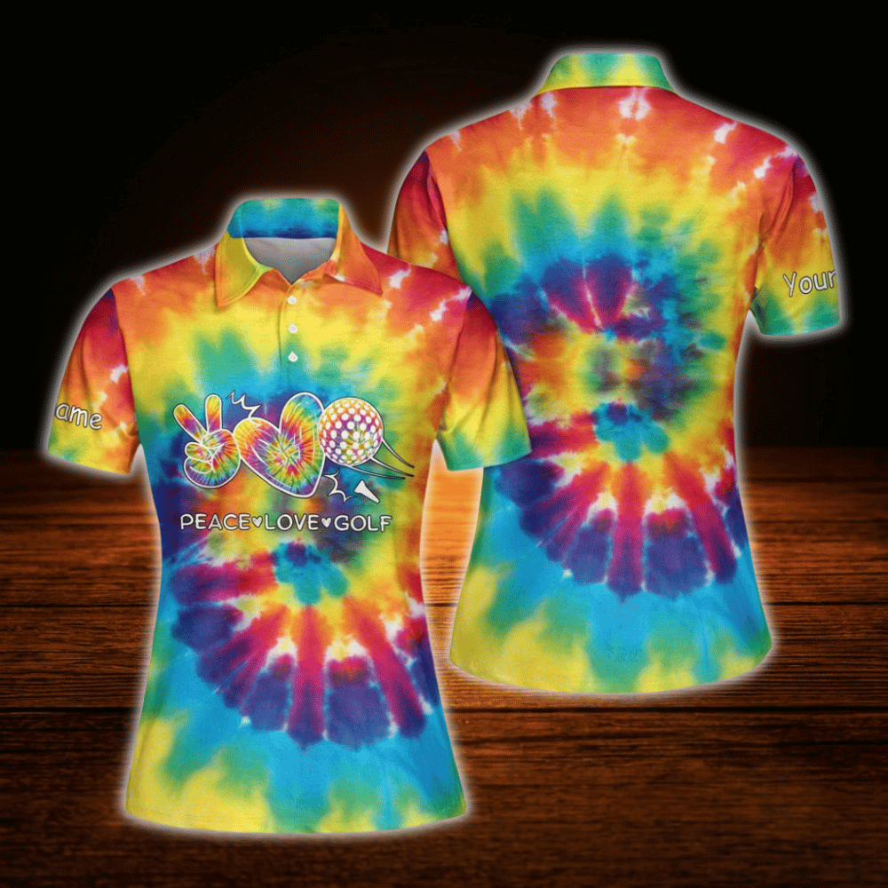 Peace Love Golf Custom Colorful Tie Dye Golf Polo Shirt For Women, Custom Tie Dye Golf Shirts For Ladies