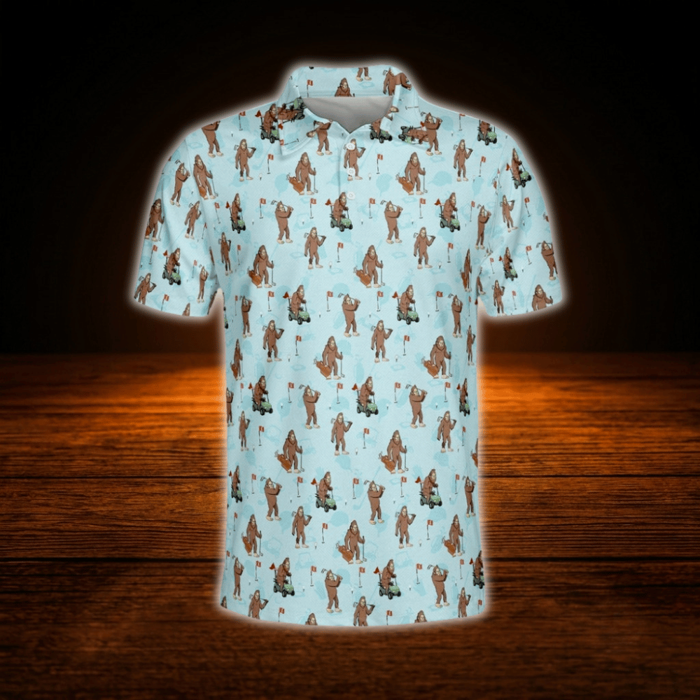 Light Blue Bigfoot Sasquatch Mens Golf Polo Shirts, Bigfoot Golf Shirts