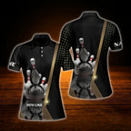 Custom Name Black Gold Womens Bowling Polo Shirt, Personalized Bowling Shirt For Women