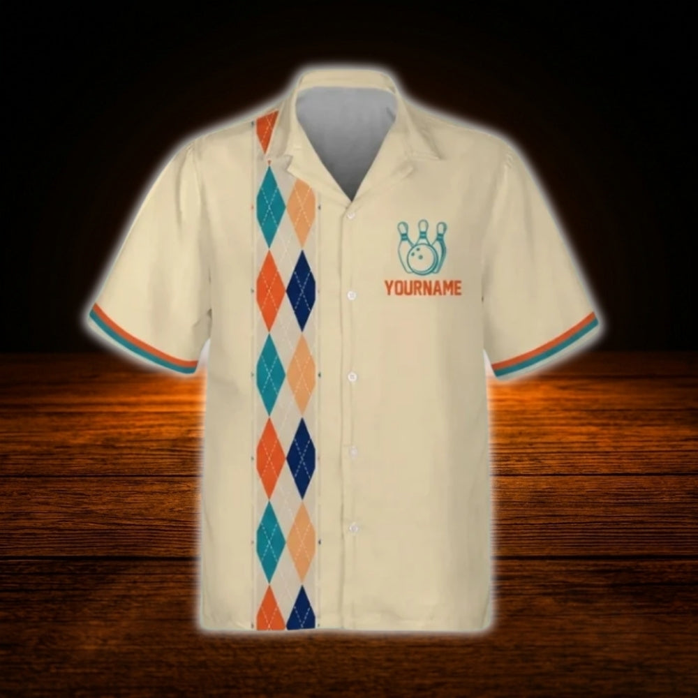Custom Argyle Beige Bowling Hawaiian Shirt For Men Women, Custom Retro Bowling Team Shirt
