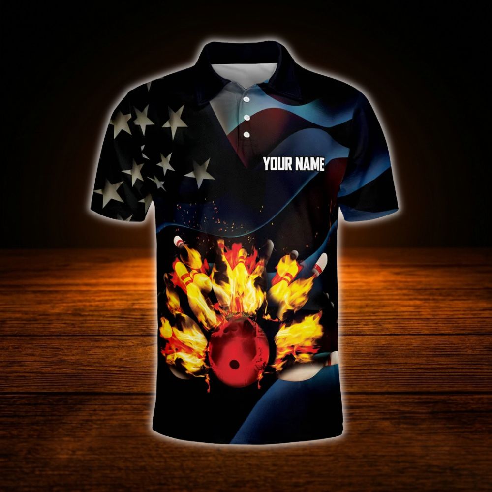 Custom American Flag Flame Bowling Polo Shirts For Men, Custom Patriotic Bowling Shirts