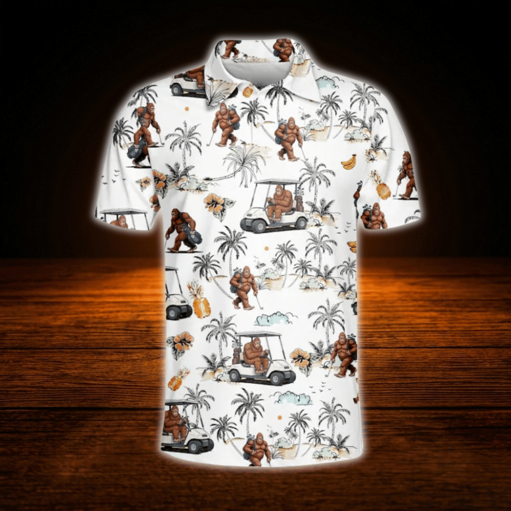 Tropical Bigfoot Polo Golf Shirt For Men, Bigfoot Sasquatch Golf Shirt