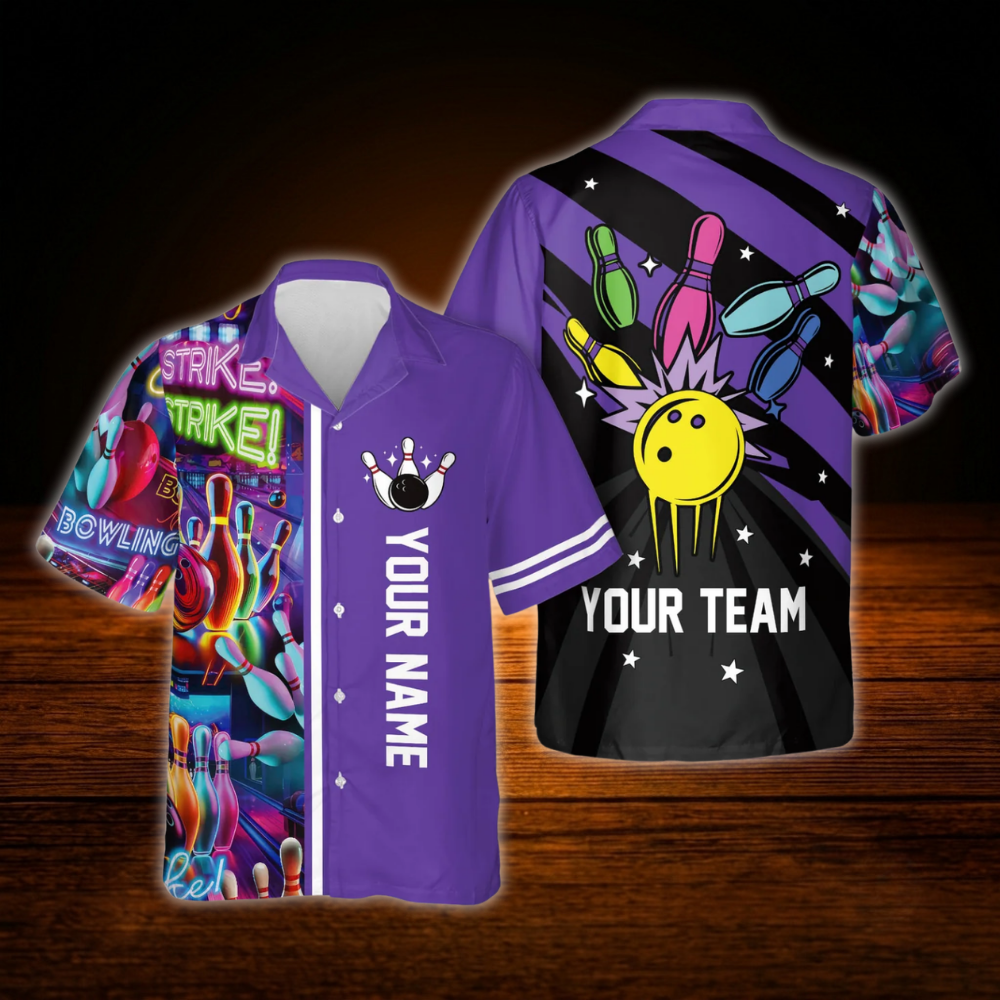 Custom Retro Blue Men's Bowling Hawaiian Shirt, Custom Retro Bowling Team Shirt