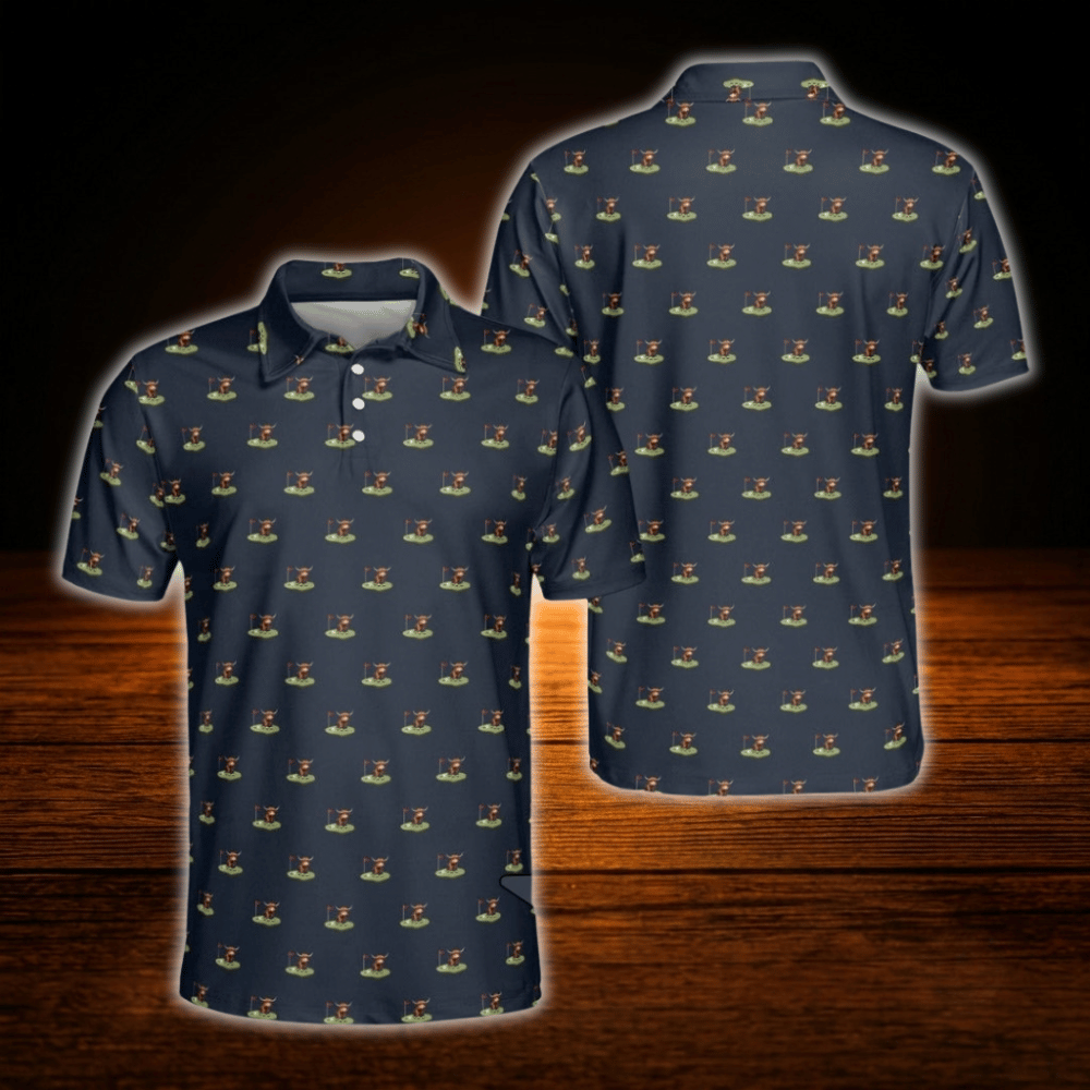 Highland Cow Black Polo Golf Shirt For Men, Cow Golf Shirt