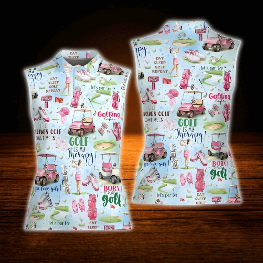 Born To Play Golf Golf Is My Therapy  Women's Pink Golf Sleeveless Shirt, Funny Golf Shirt For Ladies