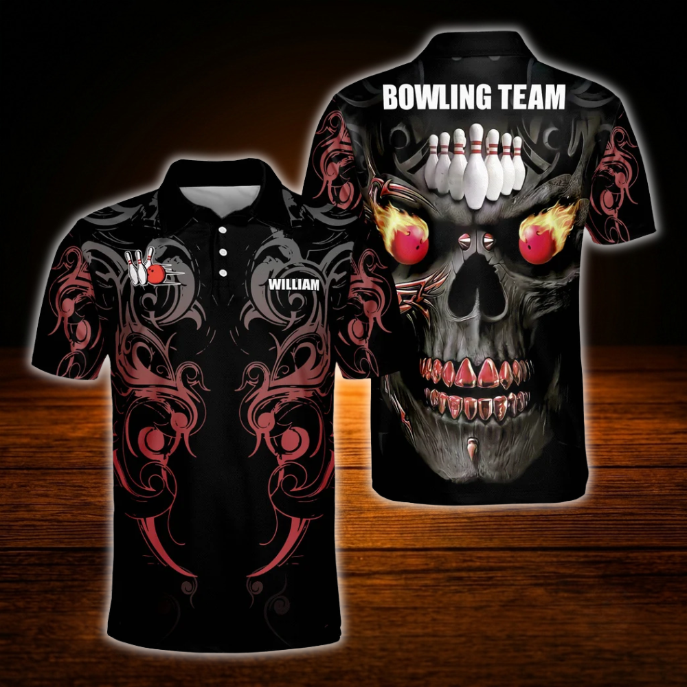 Custom Skull Black Green Bowling Polo Shirts For Men, Custom Skull Bowling Team Shirts