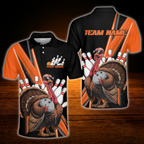 Custom Turkey Orange Black Bowling Polo Shirts Mens, Custom Thanksgiving Bowling Team Shirts