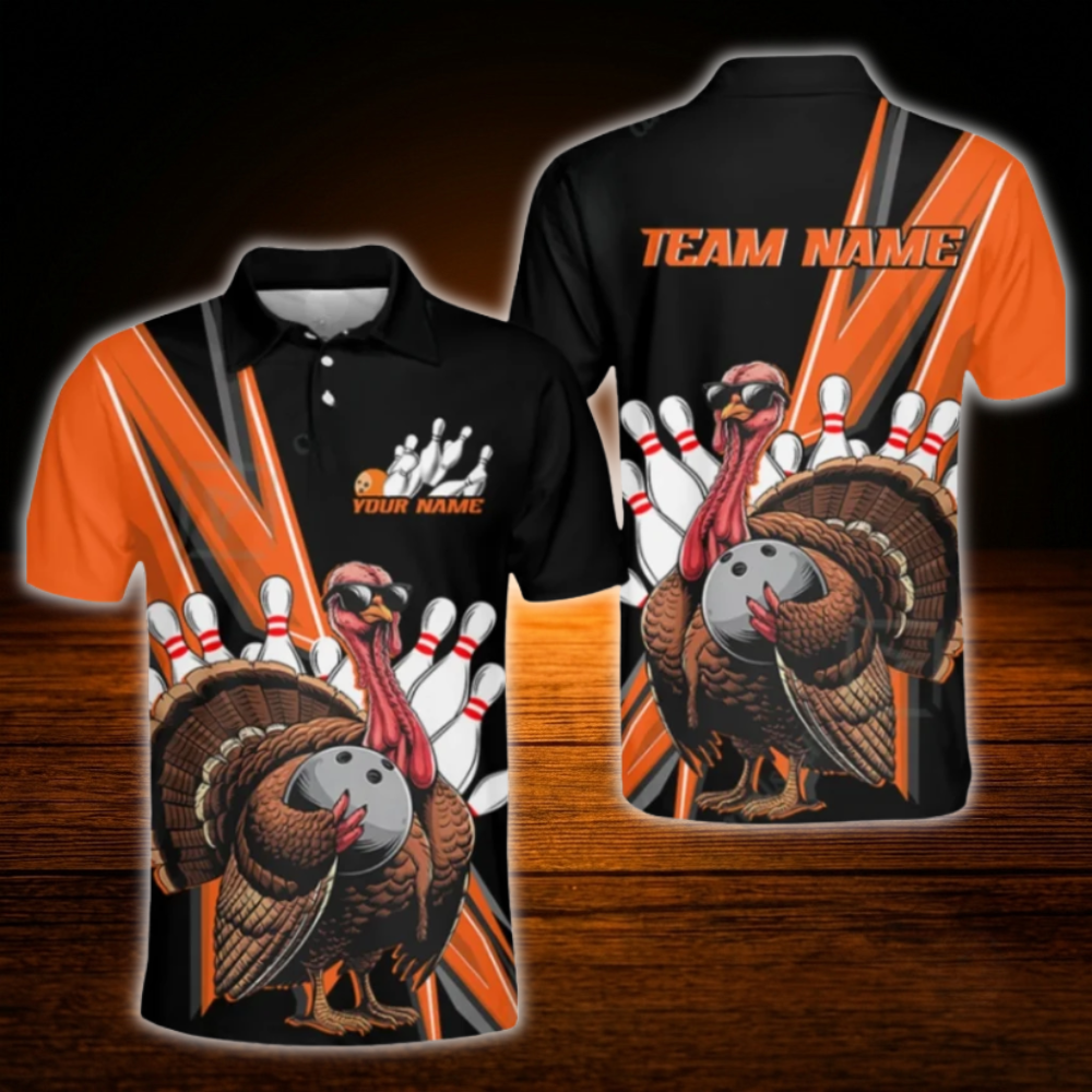 Custom Turkey Orange Black Bowling Polo Shirts Mens, Custom Thanksgiving Bowling Team Shirts