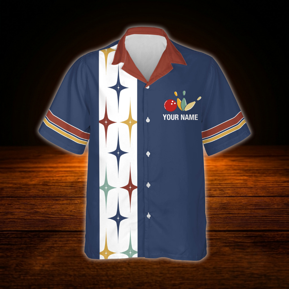 Custom Retro Mens Blue Bowling Hawaiian Shirt, Custom Retro Bowling Team Shirts
