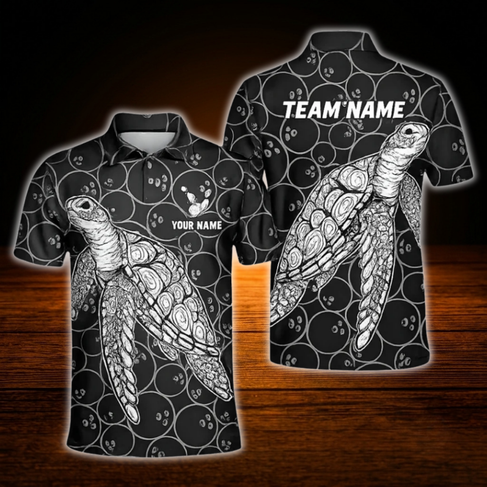 Custom Turtle Black Bowling Polo Men's Shirts, Custom Turtle Bowling Team Shirts
