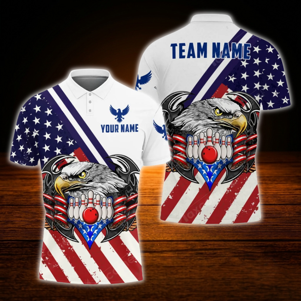 Custom American Flag Eagles Polo Bowling Shirt For Men, Custom Patriotic Bowling Team Shirts