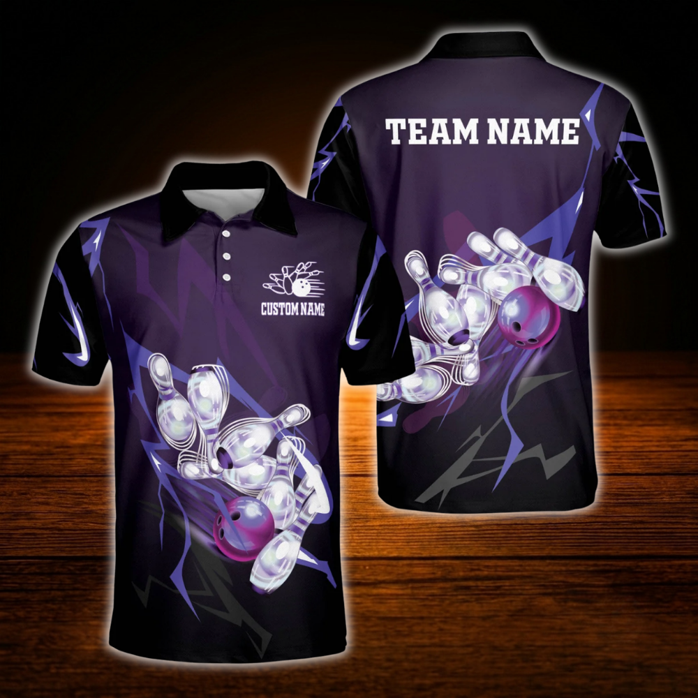 Custom Team Purple Black Bowling Polo Shirt Men, Custom Bowling Shirt