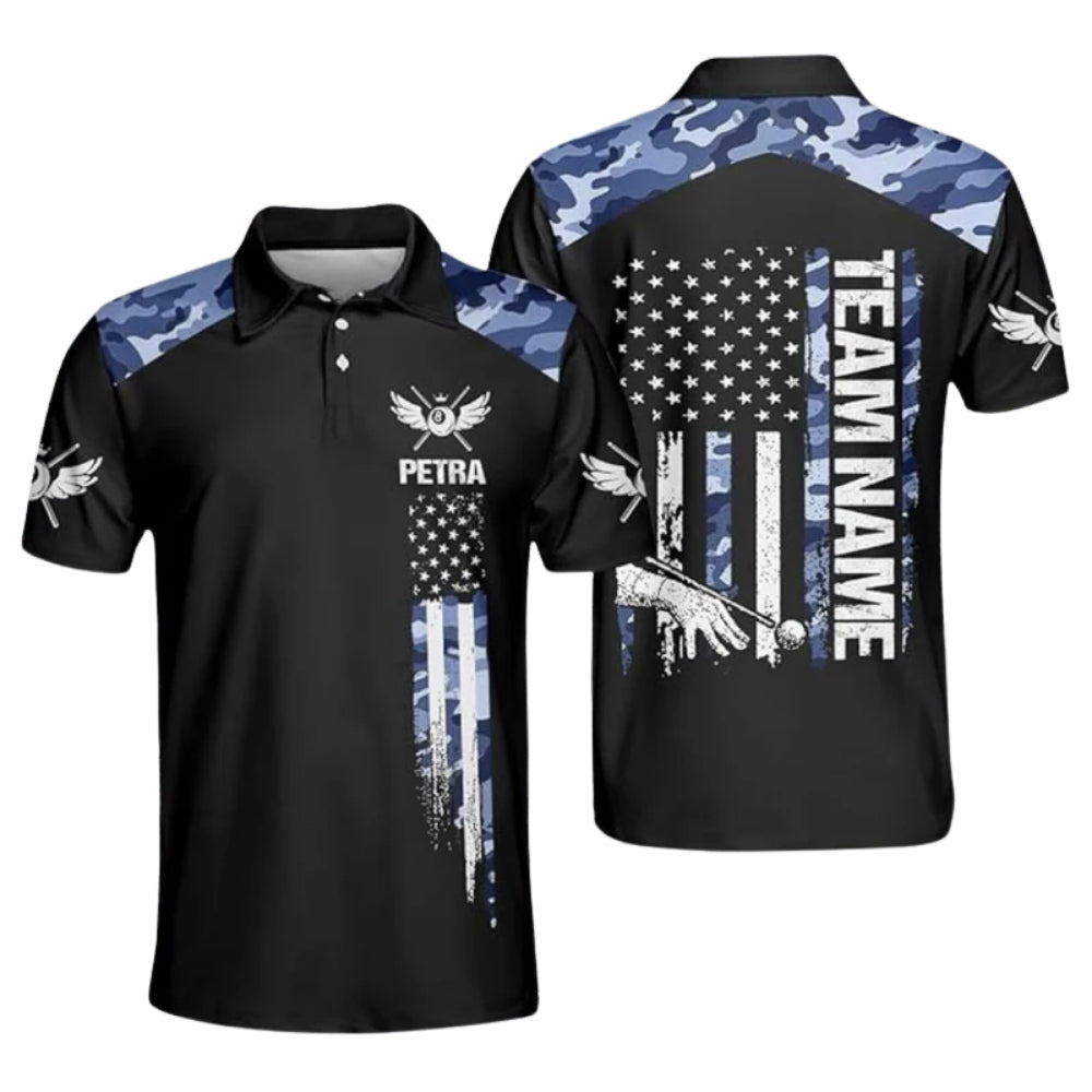 Custom Blue Camo American Flag Billiard Polo Shirts For Men, Custom Camo Billiard Team Shirts BIZ0171