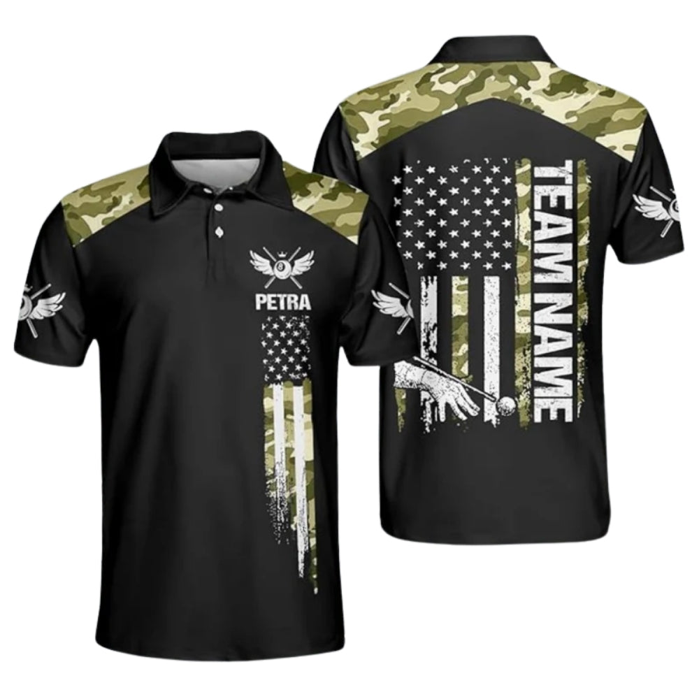 Custom Blue Camo American Flag Billiard Polo Shirts For Men, Custom Camo Billiard Team Shirts BIZ0171