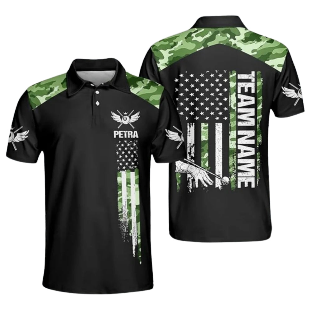 Custom Blue Camo American Flag Billiard Polo Shirts For Men, Custom Camo Billiard Team Shirts BIZ0171
