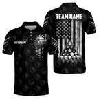 Custom American Flag Mens Black Billiard Polo Shirt, Custom Patriotic Billiard Shirts For Team BIZ0082