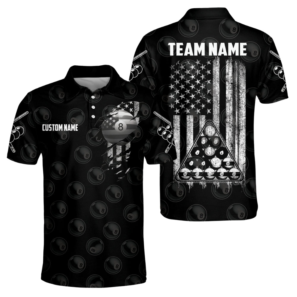 Custom American Flag Mens Black Billiard Polo Shirt, Custom Patriotic Billiard Shirts For Team BIZ0082