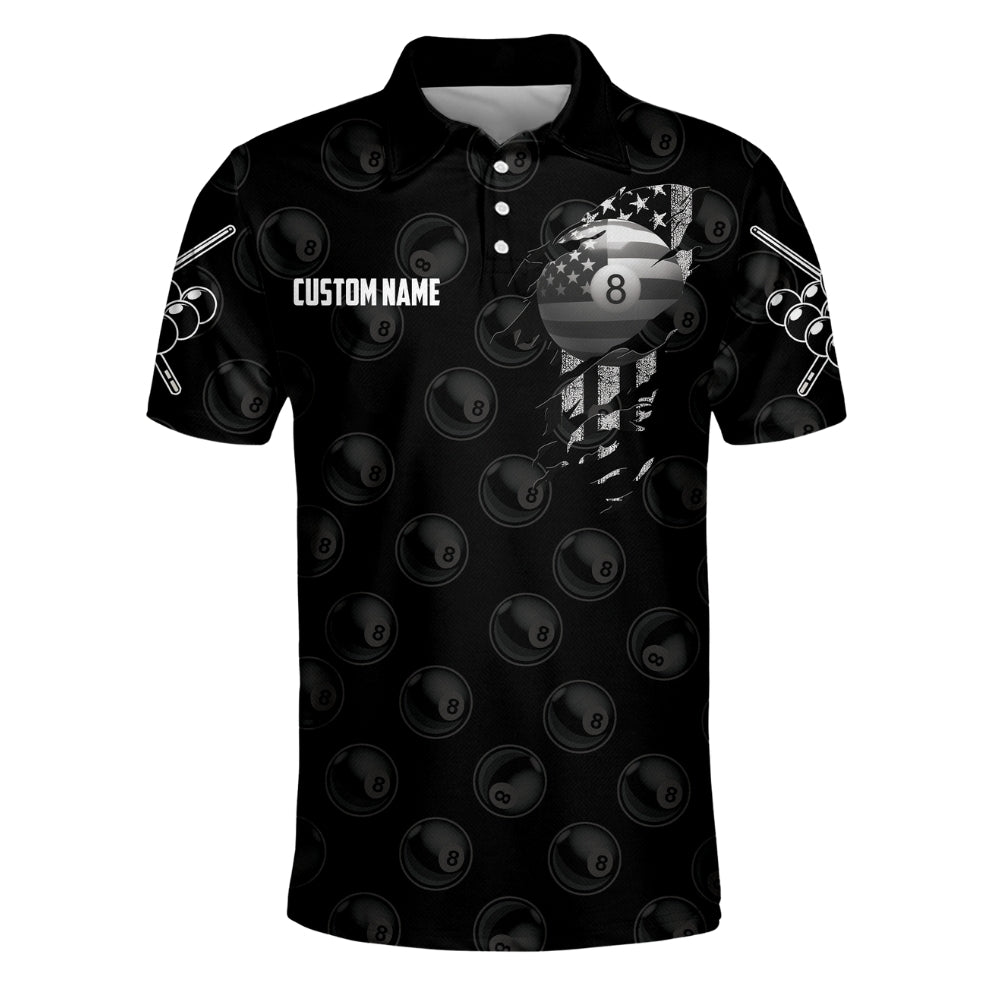 Custom American Flag Mens Black Billiard Polo Shirt, Custom Patriotic Billiard Shirts For Team BIZ0082