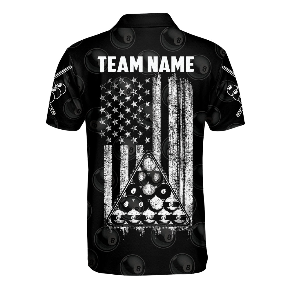 Custom American Flag Mens Black Billiard Polo Shirt, Custom Patriotic Billiard Shirts For Team BIZ0082