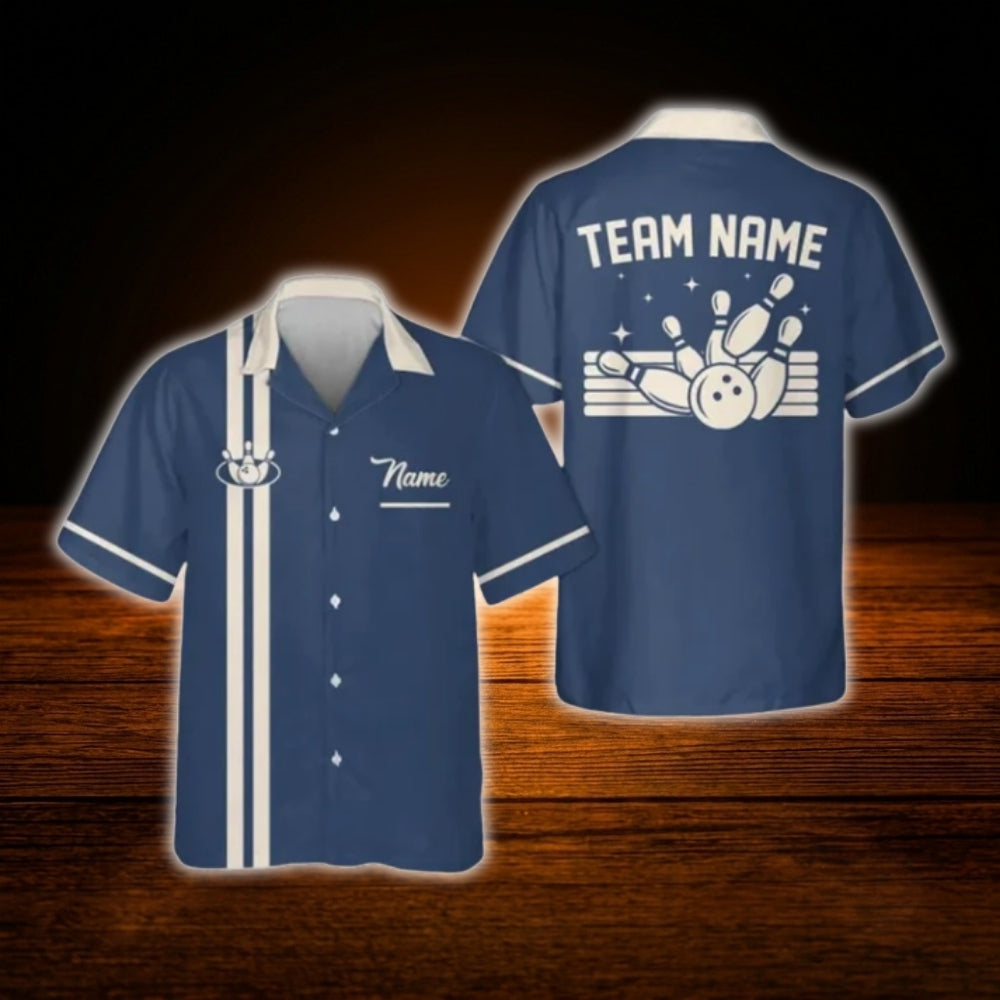 Custom Vintage Blue And Beige Bowling Hawaiian Shirt, Custom Vintage Bowling Team Shirt