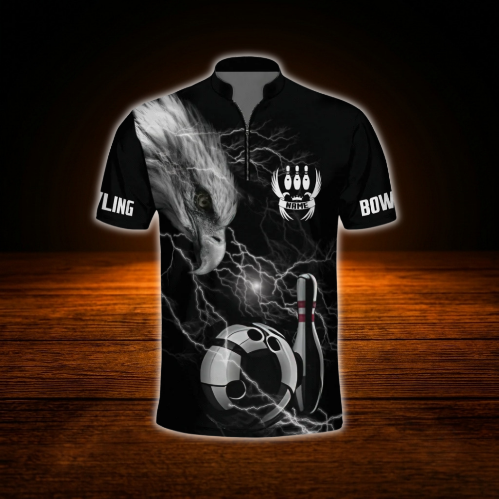 Custom Eagle Black Bowling Jersey Men, Custom Eagle Bowling Team Shirt
