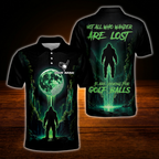 Neon Bigfoot Not All Who Wander Are Lost Some Are Looking For Golf Balls Custom Golf Mens Polo Shirt, Custom Funny Bigfoot Golf Shirt