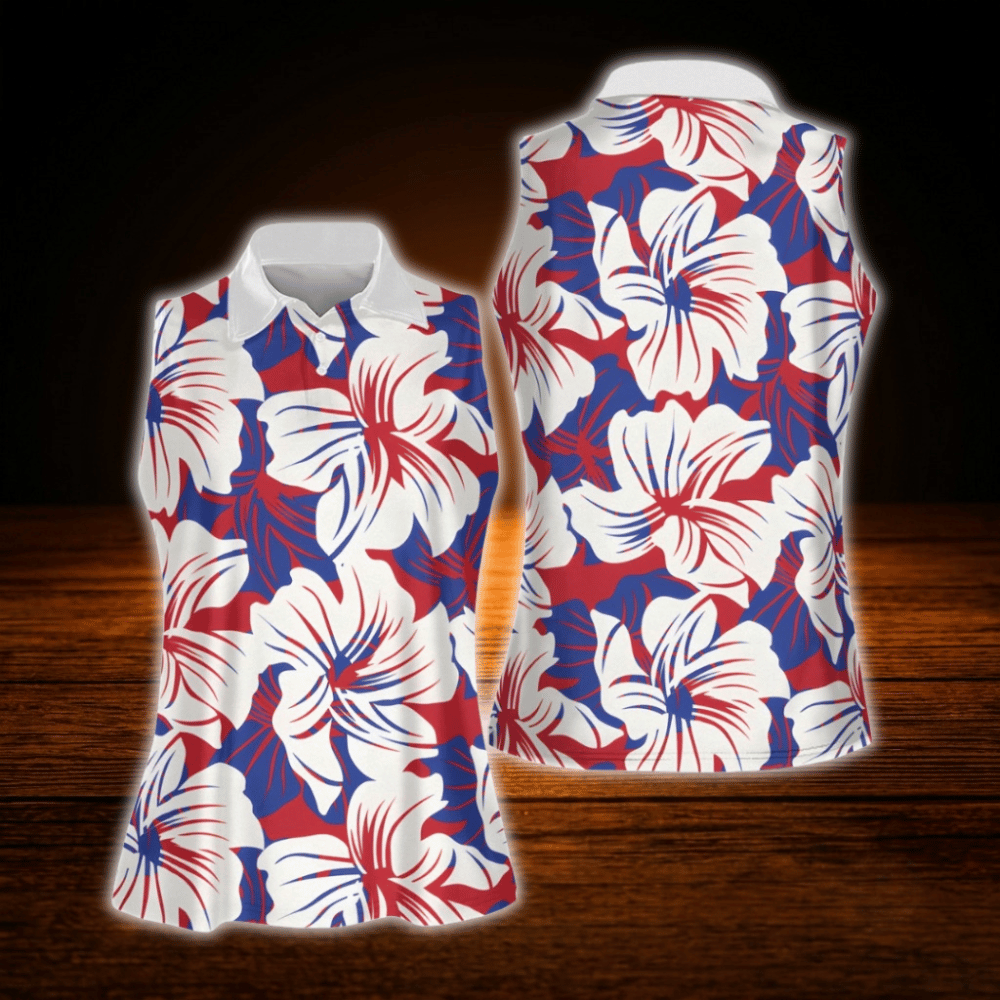 Red White And Blue Hibiscus Sleeveless Golf Shirt For Women, Floral 4th Of July Golf Shirt For Women