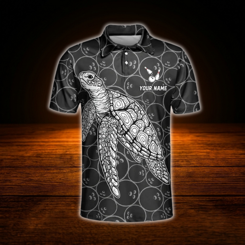 Custom Turtle Black Bowling Polo Men's Shirts, Custom Turtle Bowling Team Shirts