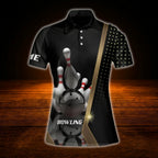 Custom Name Black Gold Womens Bowling Polo Shirt, Personalized Bowling Shirt For Women