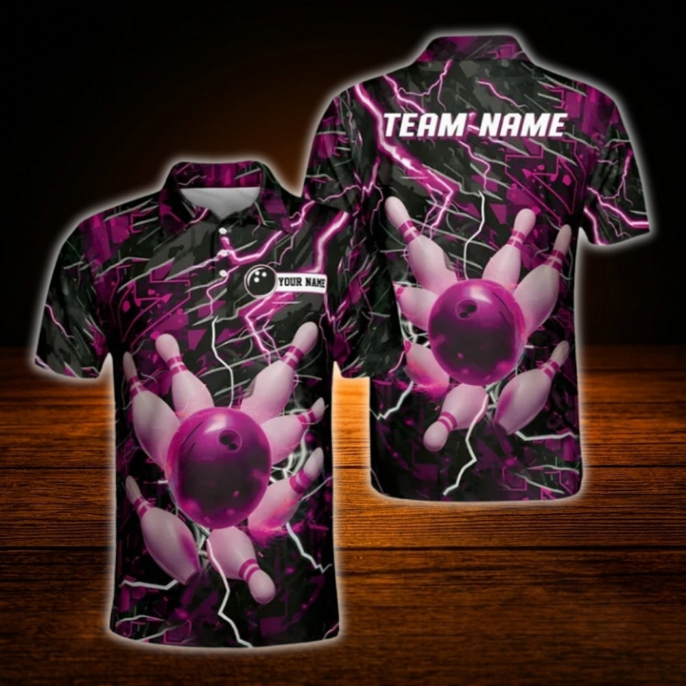 Thunder Lightning Custom Purple Black Bowling Men Polo Shirt, Custom Thunder Bowling Team Shirt