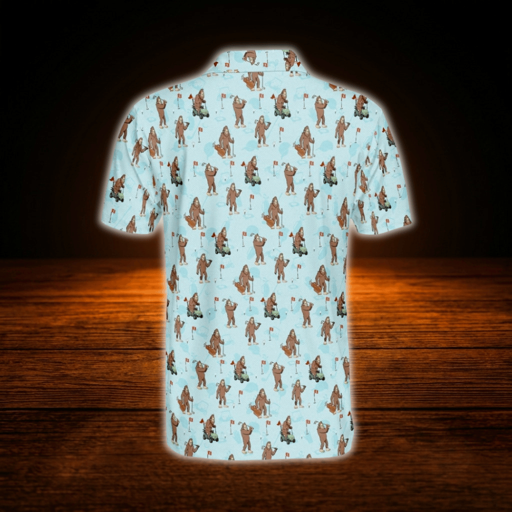Light Blue Bigfoot Sasquatch Mens Golf Polo Shirts, Bigfoot Golf Shirts