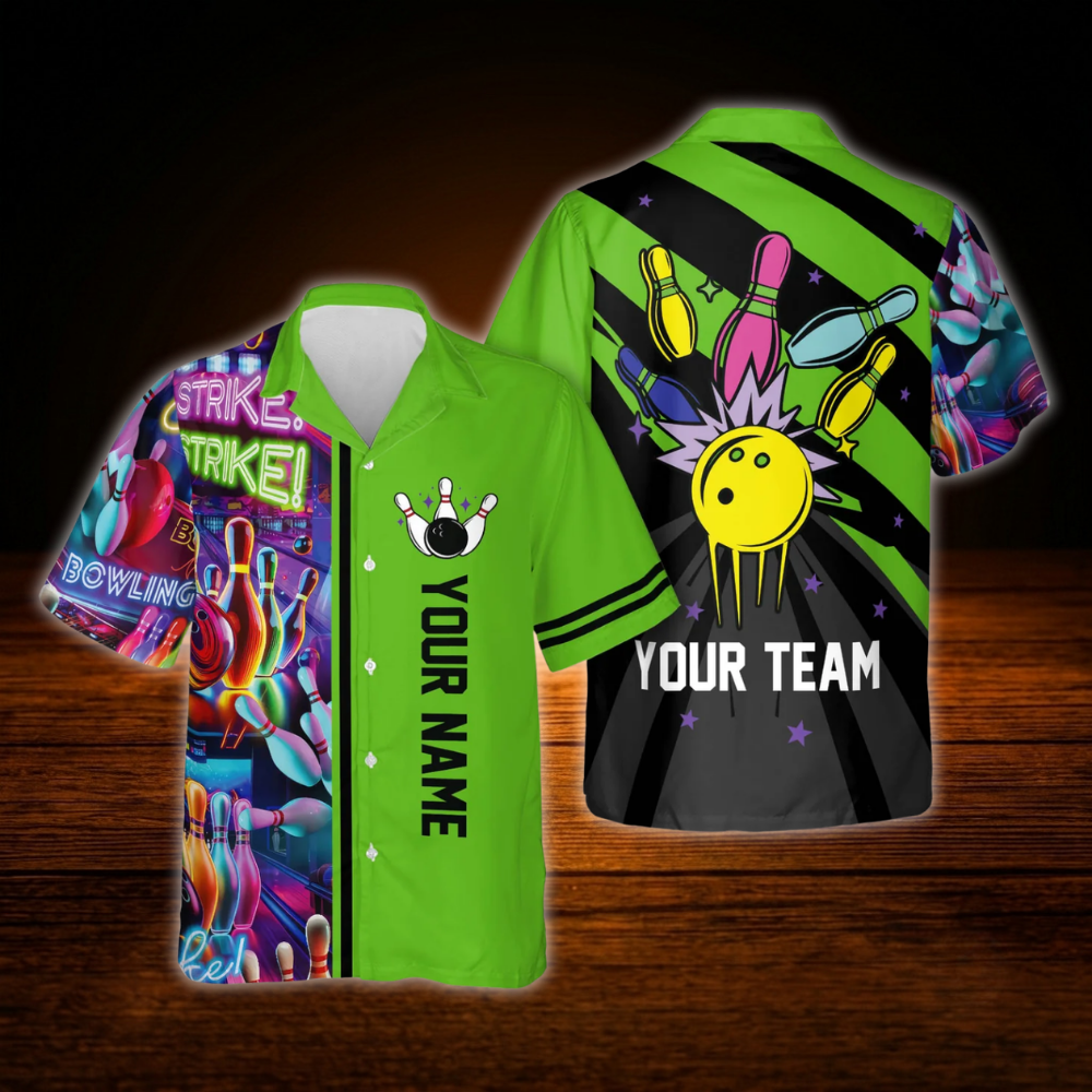 Custom Retro Blue Men's Bowling Hawaiian Shirt, Custom Retro Bowling Team Shirt