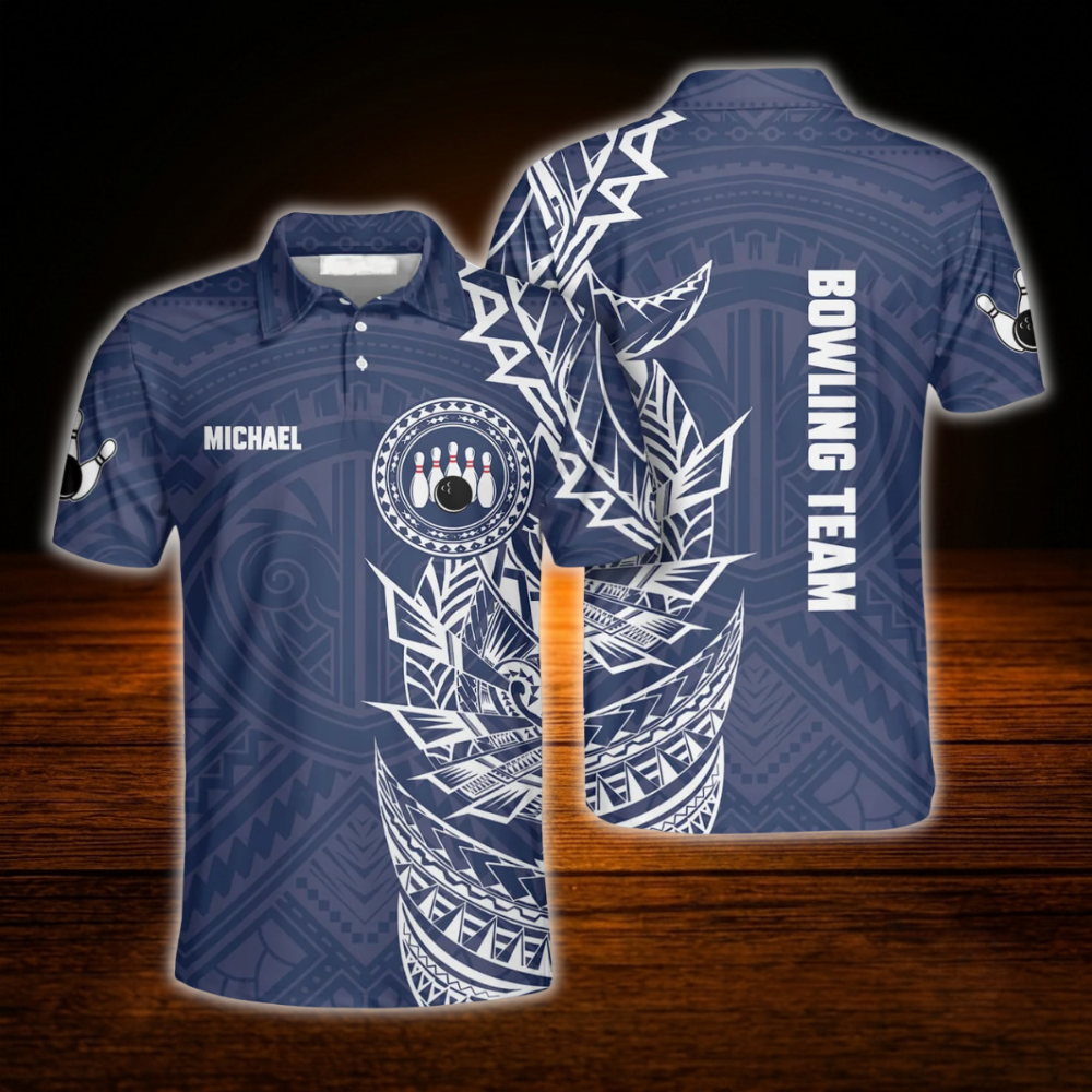 Custom Tribal Blue White Bowling Polo Shirts For Men, Custom Tribal Bowling Team Shirts