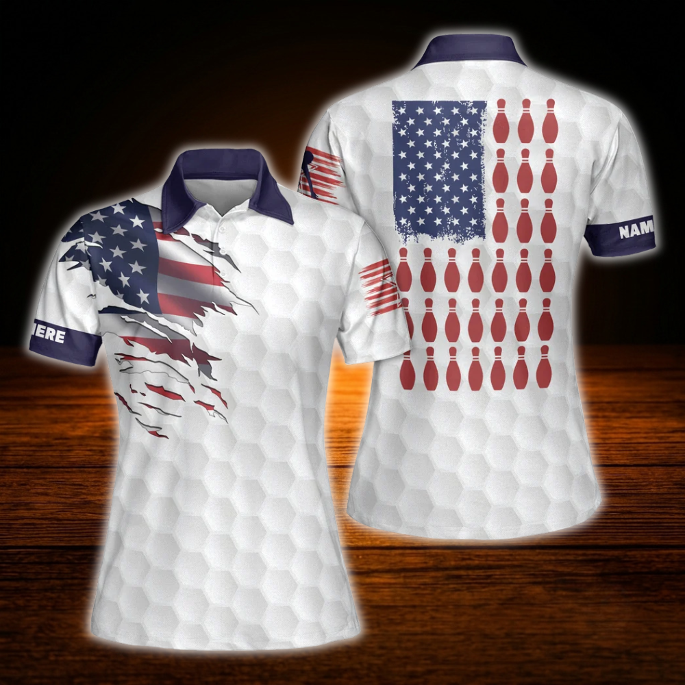 Custom American Flag Bowling Polo Shirts For Women, Custom Patriotic Women Bowling Shirt