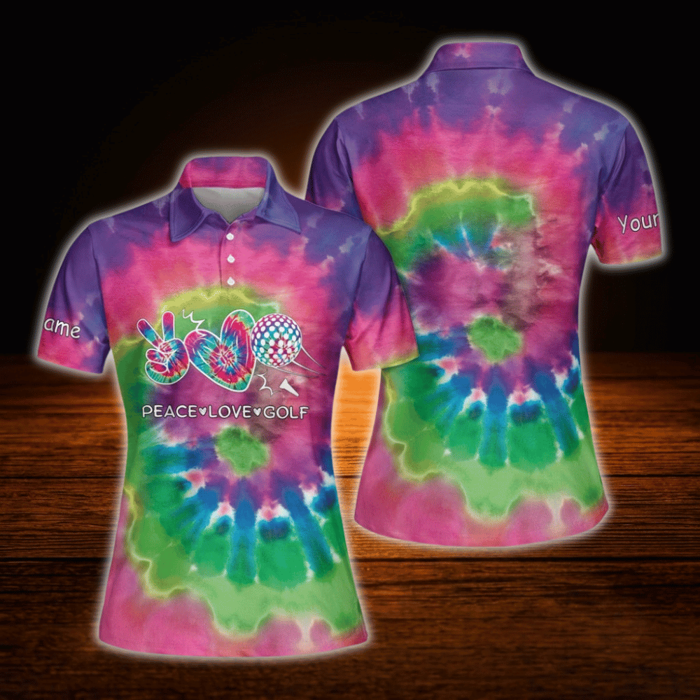 Peace Love Golf Custom Colorful Tie Dye Golf Polo Shirt For Women, Custom Tie Dye Golf Shirts For Ladies