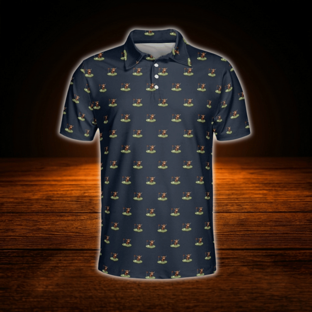 Highland Cow Black Polo Golf Shirt For Men, Cow Golf Shirt