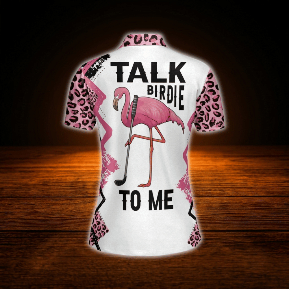 Talk Birdie To Me Custom Leopard Women's Polo Golf Shirts, Custom Funny Flamingo Golf Shirt For Women
