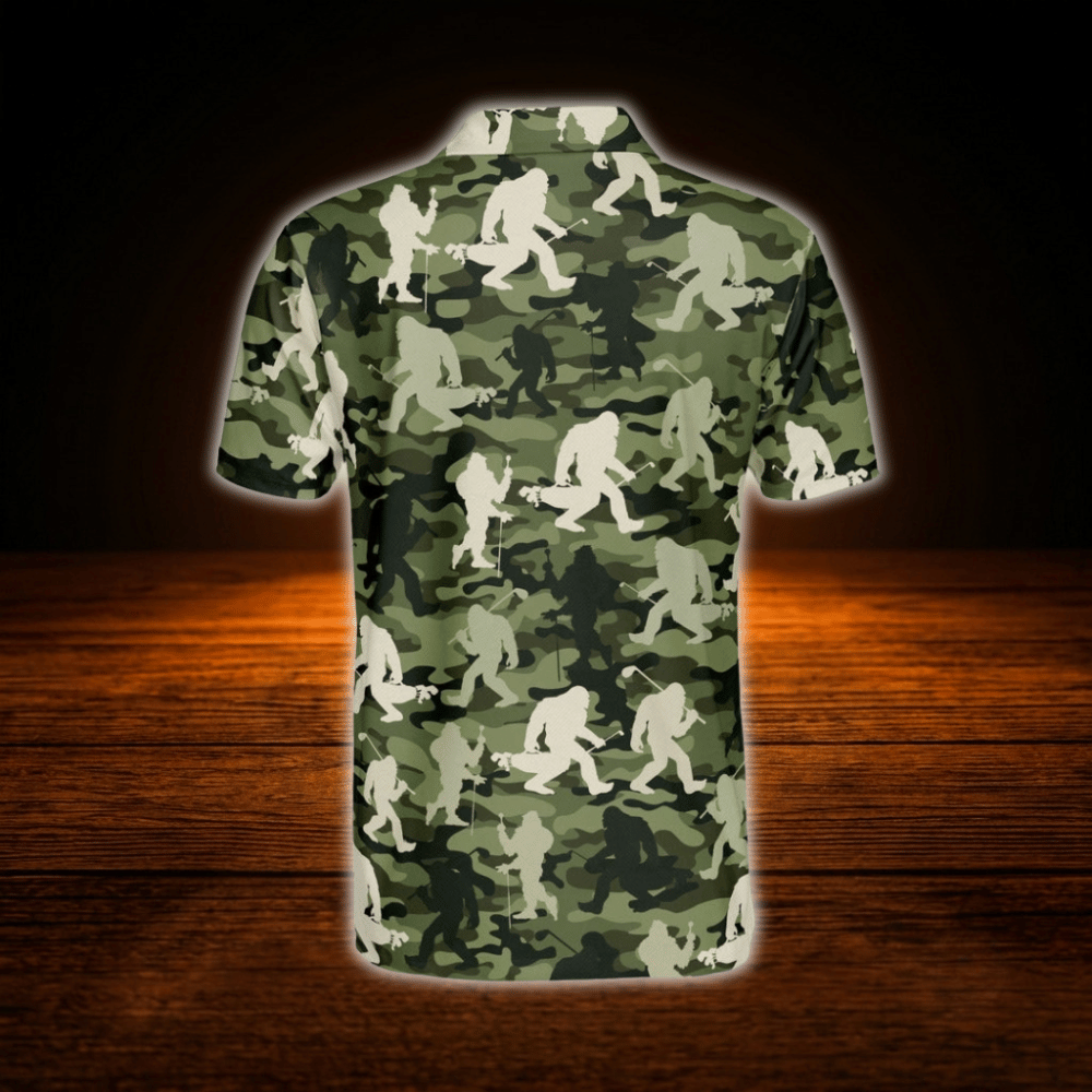 Camo Bigfoot Men's Golf Polo Shirt, Bigfoot Sasquatch Golf Shirt