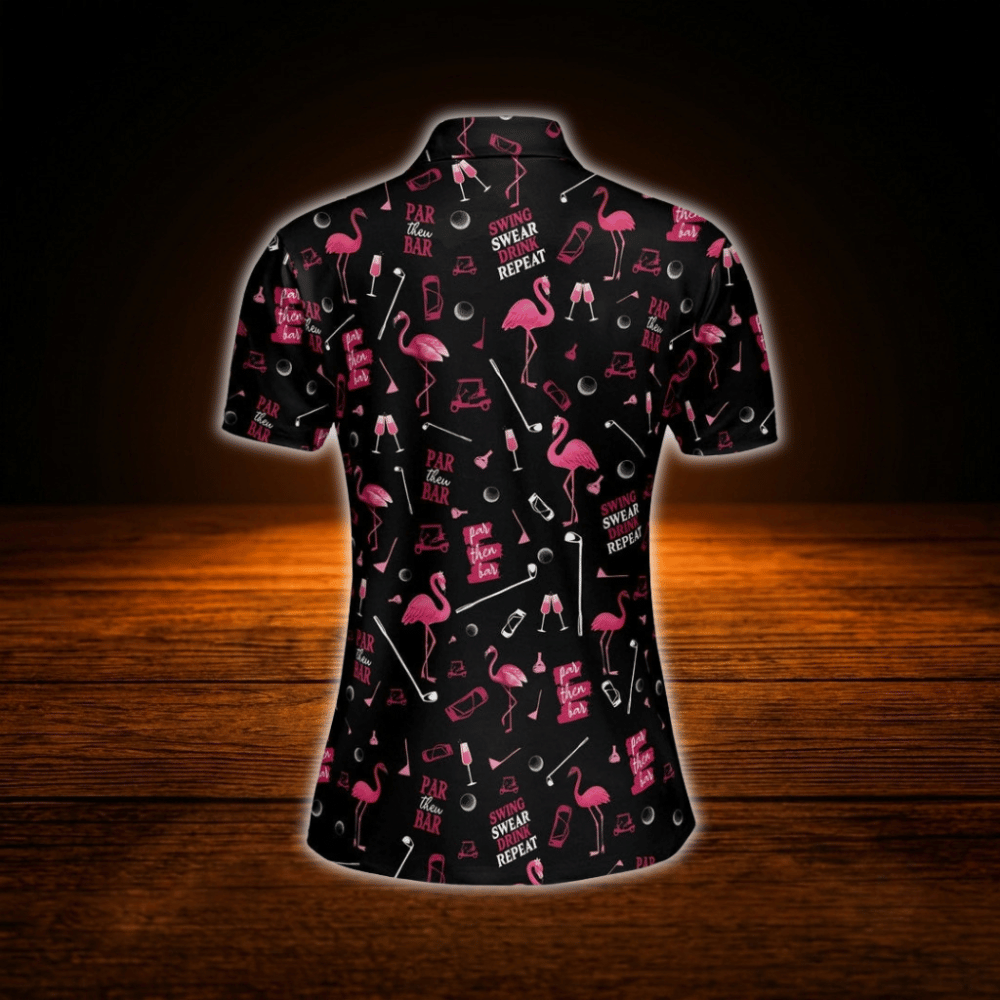Funny Flamingo Pink And Black Ladies Golf Polo Shirt, Women's Flamingo Golf Shirt