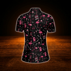 Funny Flamingo Pink And Black Ladies Golf Polo Shirt, Women's Flamingo Golf Shirt